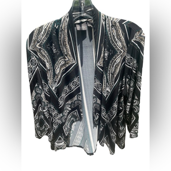 Chicos‎ Black Gold Green Pattern Open Front 3/4 length sleeve Cardigan - Picture 1 of 4